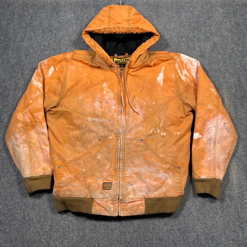 BRAZOS‎ Work Force Men's Orange Bleached Hooded Work Jacket Size M Distressed